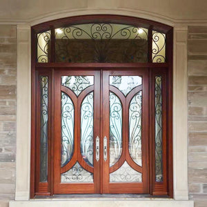 Prettywood Exterior Glass Inserted Solid Wooden Double Leaf Front Doors For Home