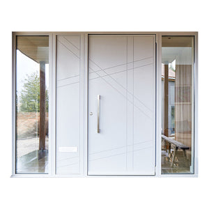 Prettywood White Color Modern Carving Lines Design Solid Core Exterior Front Enrty Pivot Doors