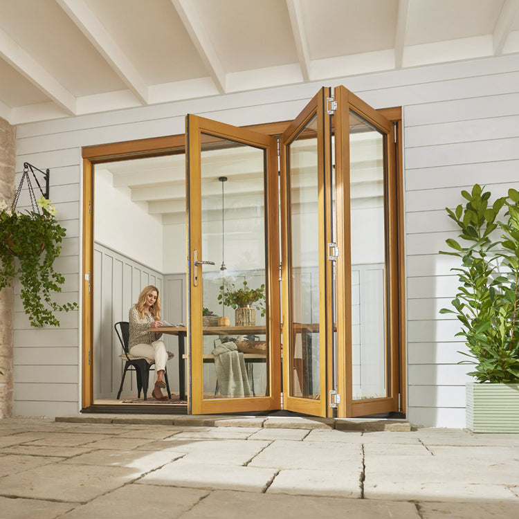 Prettywood Exterior Villa Accordion Tempered Glass Aluminum Wood Grained Bifold Door Design
