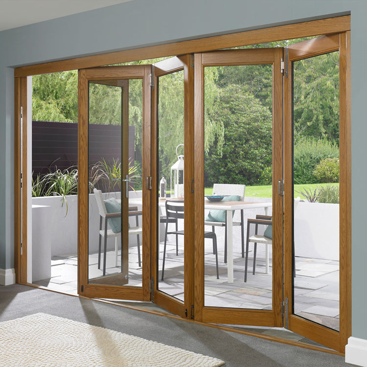 Prettywood Exterior Villa Accordion Tempered Glass Aluminum Wood Grained Bifold Door Design