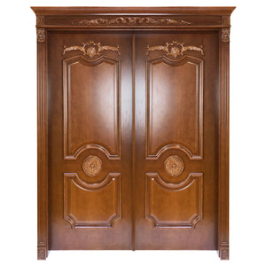 Lowes Villa Entry Magahongany Carving Leafs Swing Solid Wooden Exterior Double Doors