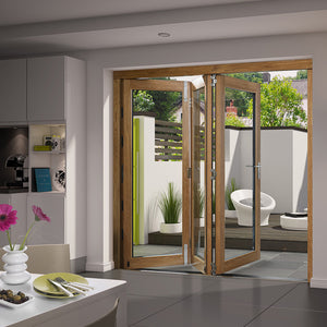 Prettywood Exterior Villa Accordion Tempered Glass Aluminum Wood Grained Bifold Door Design