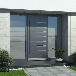 Prettywood Modern Grey Design Glass Inserted Metal Exterior Solid Aluminum Front Doors