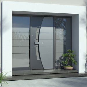 Prettywood Modern Stainless Steel Panel Glass Inserted Metal Security Exterior Front Door Design
